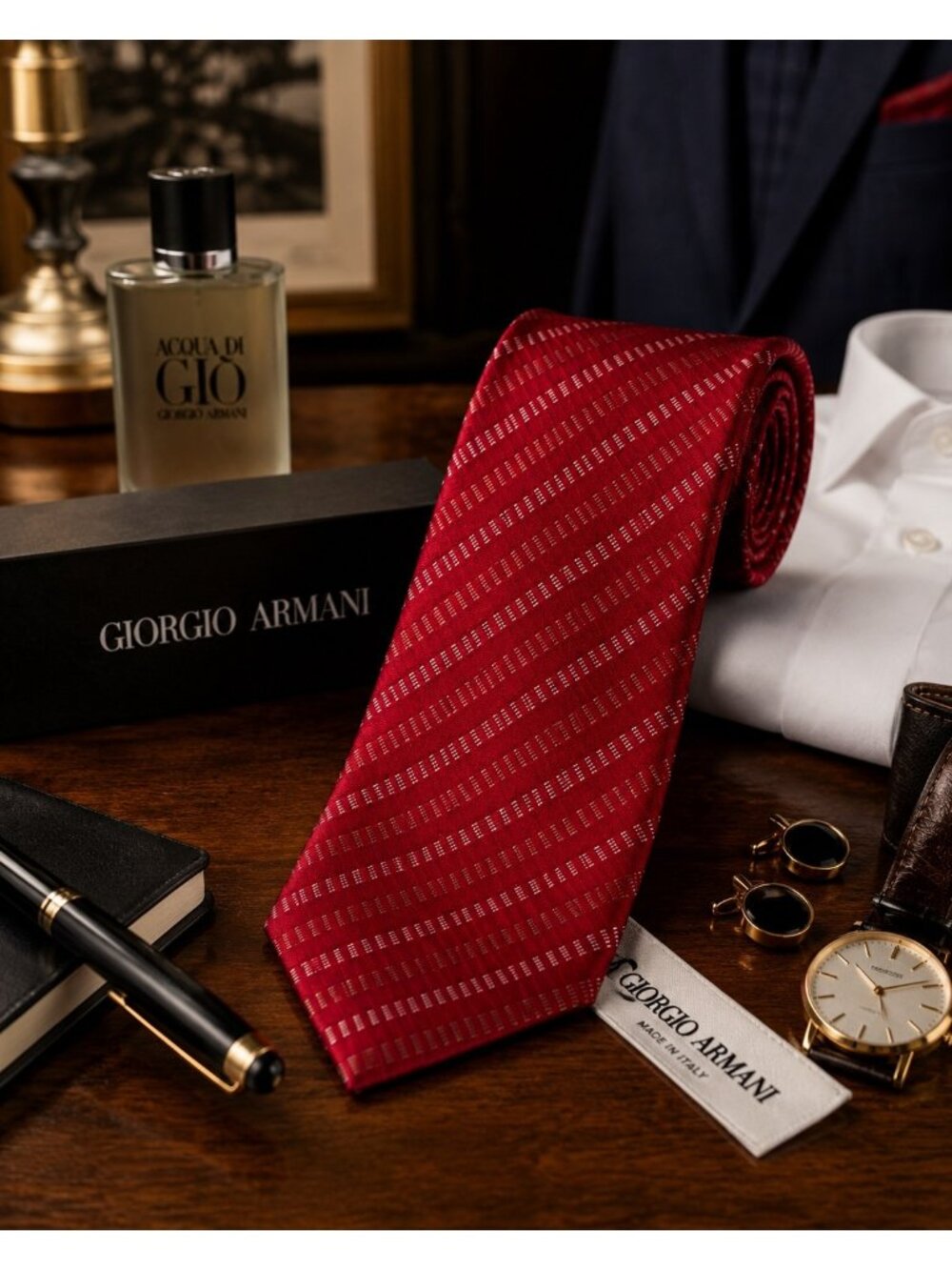 Giorgio Armani Red Silk Tie Made in Italy Diagonal Stripe Classic Luxury 57”
